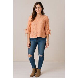 Tru Luxe Jeans Womens Top Small Peach Fringe Textured V Neck 3/4 Sleeve Boho